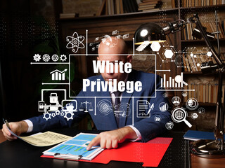  White Privilege concept with bald man checking agreement document on background.