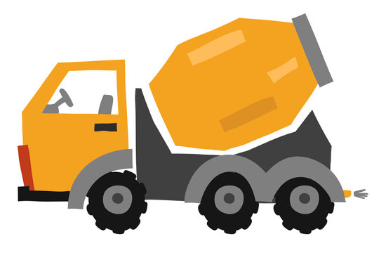 Vector illustration of a concrete mixer. Design of illustrations for fashionable fabrics, textile graphics, prints. Illustration of a yellow construction machine.