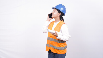 asian worker woman holding with telephone isolated white background
