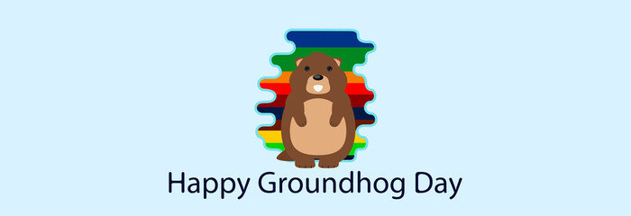 Greeting card, happy groundhog day. Happy marmot stands on a rainbow background.