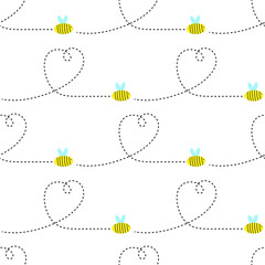Bees and hearts from the dotted line on a white background.