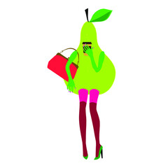 Pear in the form of a girl holds a paper cup. A fashionable image. Flat isolated character design.y.