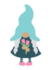 Cute girl gnome with braids holding spring flowers vector illustration.