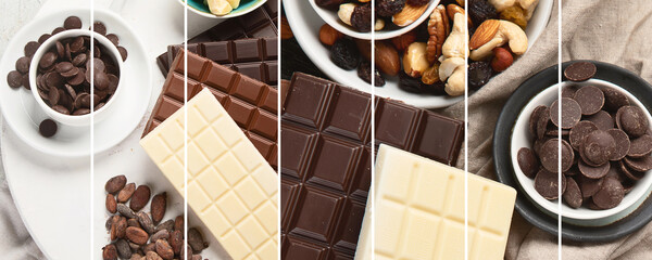 Collage of different types of chocolate and chocolate products