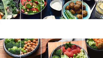 Collage of vegetarian variety dishes on black background. Healthy vegan food.