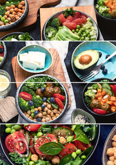 Collage of vegetarian variety dishes on black background. Healthy vegan food.