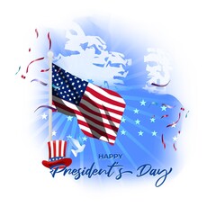 Vector illustration concept of Happy Presidents' Day. Washington's Birthday greeting with American flag and president hat on abstract background.