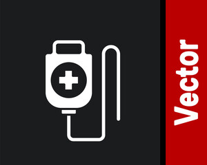 White IV bag icon isolated on black background. Blood bag. Donate blood concept. The concept of treatment and therapy, chemotherapy. Vector Illustration.