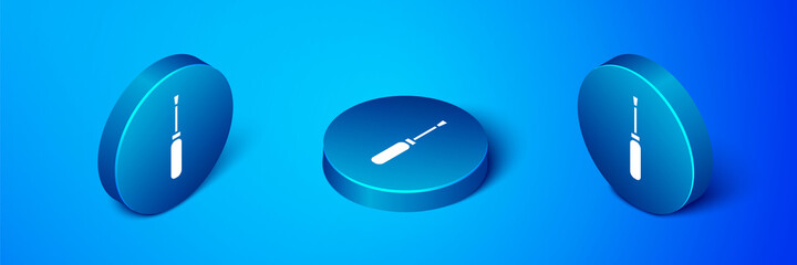 Isometric Screwdriver icon isolated on blue background. Service tool symbol. Blue circle button. Vector Illustration.