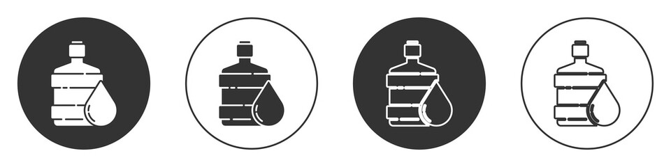 Black Big bottle with clean water icon isolated on white background. Plastic container for the cooler. Circle button. Vector Illustration.