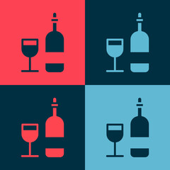 Pop art Wine bottle with glass icon isolated on color background. Vector Illustration.