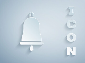 Paper cut Ringing bell icon isolated on grey background. Alarm symbol, service bell, handbell sign, notification symbol. Paper art style. Vector Illustration.