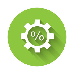 White Gear with percent icon isolated with long shadow. Green circle button. Vector Illustration.