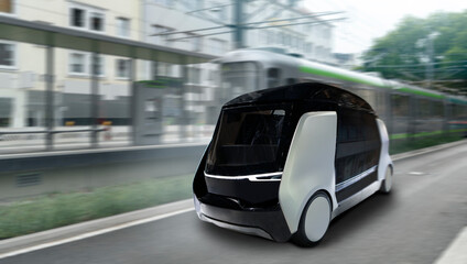 Autonomous taxi on a city street. Self driving shuttle