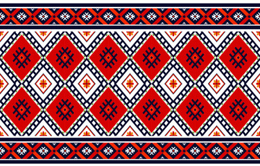 Geometric set of pattern Clear red, blue, white background, small flower pattern Designed with lines and triangles, diamond patterns.