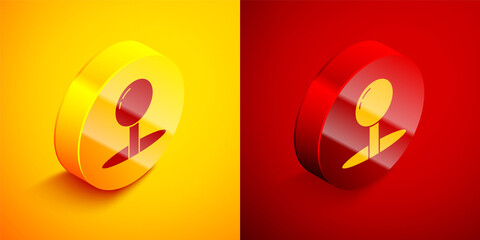 Isometric Push pin icon isolated on orange and red background. Thumbtacks sign. Circle button. Vector Illustration.