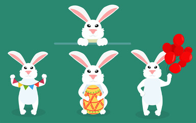 set of white hares for a happy Easter, spring illustration