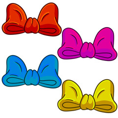 Bow. Clothing decoration and women hair accessories. Set of red and pink, yellow and blue objects. Cartoon illustration collection