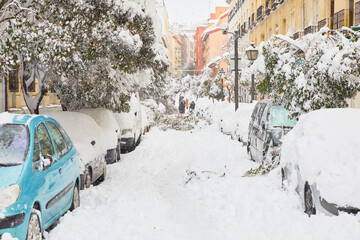 street of Madrid city after a big snowfall
