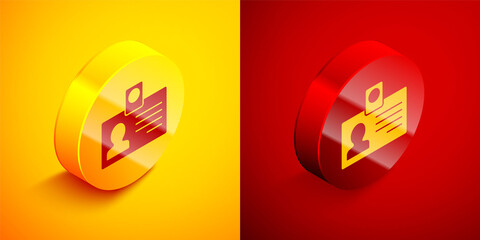 Obraz premium Isometric Identification badge icon isolated on orange and red background. It can be used for presentation, identity of the company, advertising. Circle button. Vector.