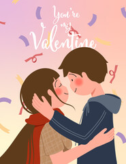 Happy Valentine's day poster with cute couple vector illustration