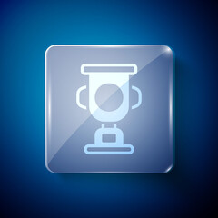 White Award cup icon isolated on blue background. Winner trophy symbol. Championship or competition trophy. Sports achievement sign. Square glass panels. Vector.