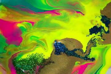 Neon colored wave marble pattern with gold, blue and green glitter. Stock illustration.