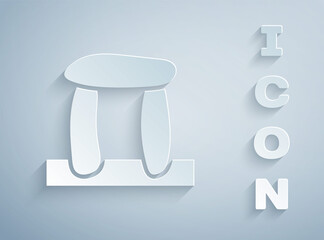 Paper cut Stonehenge icon isolated on grey background. Paper art style. Vector.