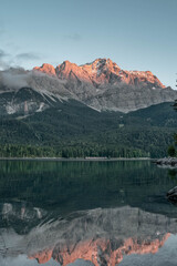 Eibsee lake view of Zugspitze Alpenglow in Germany Summer