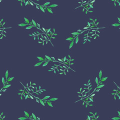 watercolor illustration seamless pattern graceful twig with leaves,grass on a dark background