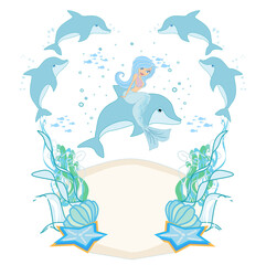 Girls Mermaid and cute dolphins - decorative frame