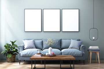 3 wood frame photo mockup of a room with Scandinavia furniture 3d rendering