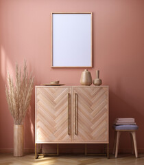 wood frame photo mockup of a room with wood furniture 3d rendering