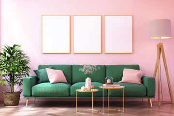 3 wood frame photo mockup of a room with Scandinavia furniture 3d rendering