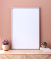  wood frame photo mockup on sideboard  of a room with 2 plant cactus, 3d rendering