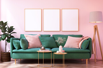 3 wood frame photo mockup of a room with Scandinavia furniture 3d rendering