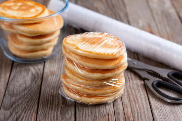 Frozen pancakes on a table. Ready frozen food, healthy food