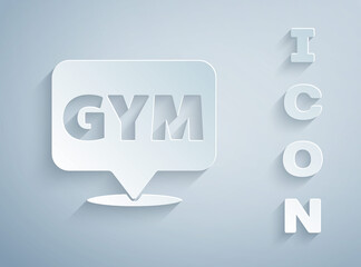 Paper cut Location gym icon isolated on grey background. Paper art style. Vector.