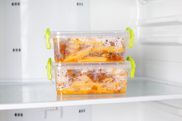 Ready frozen meal in a container in the refrigerator. Frozen food in the freezer.