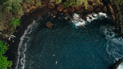 aerial Red Sand Beach in hana, maui, hawaii.