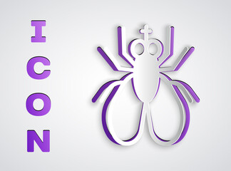 Paper cut Insect fly icon isolated on grey background. Paper art style. Vector.