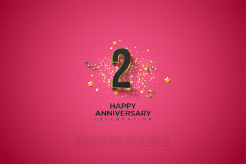 2nd Anniversary with frightening gold-plated 3d numerals illustration. - obrazy, fototapety, plakaty