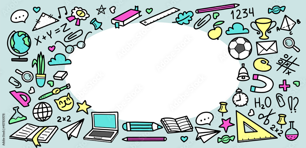 Fototapete back to school doodle elements with frame and copy space for text . vector illustration black line s