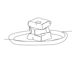 Chocolate brownie with sliced almond nuts toppings isolated on white background - Continuous one line drawing