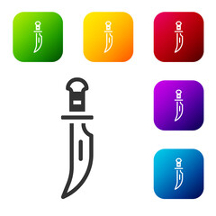 Black Dagger icon isolated on white background. Knife icon. Sword with sharp blade. Set icons in color square buttons. Vector.