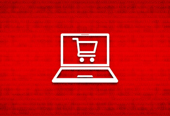 Online shopping cart laptop icon abstract digital screen red background illustration