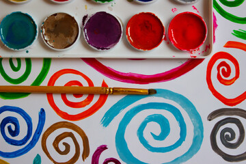 Pattern of colored painted spirals from watercolor paints and gouache