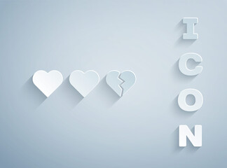 Paper cut Hearts for game icon isolated on grey background. Paper art style. Vector.
