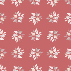 Vitamin healthy snack seamless pattern with doodle pear and botanic leaf print. Pink background.