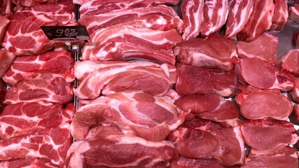 Different juicy and quality raw meat on counter for sale in butchers shop. Chopped meat in store. Food background. Selective soft focus. Close-up.